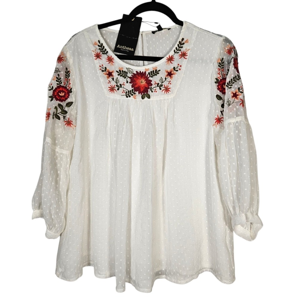 Antheaa Top Women XXL White Floral Embroidered NWT Swiss Dot Peasant Beachy Boho